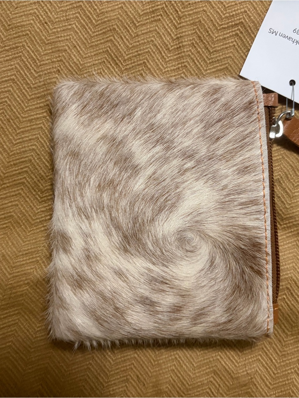 Leather-Trim Cowhide Zip Pouch in Light Brown and Cream - Unbranded